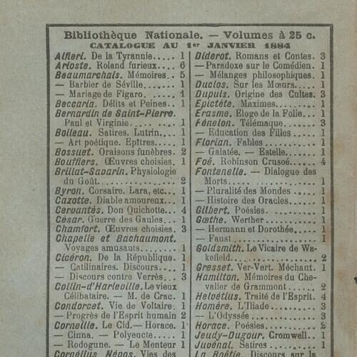 14 x 9 εκ. 191 σ. + 1 σ. χ.α., όπου στο εξώφυλλο η τιμή του βιβλίου “25 Centimes, 35 Ce